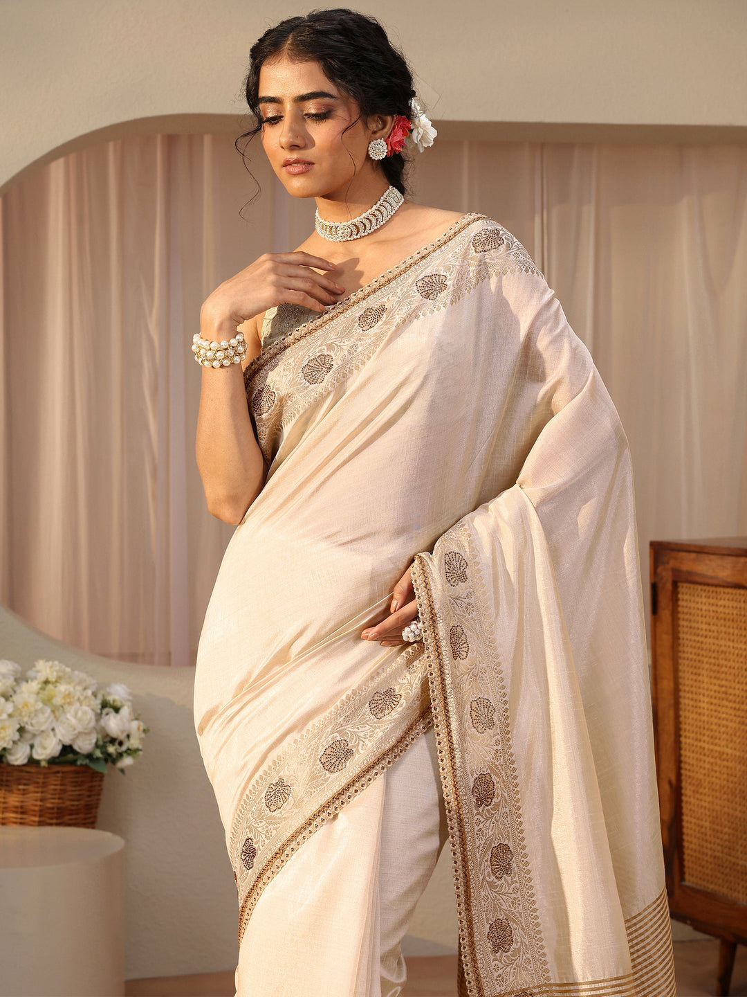 Ivory Solid Silk Blend Saree