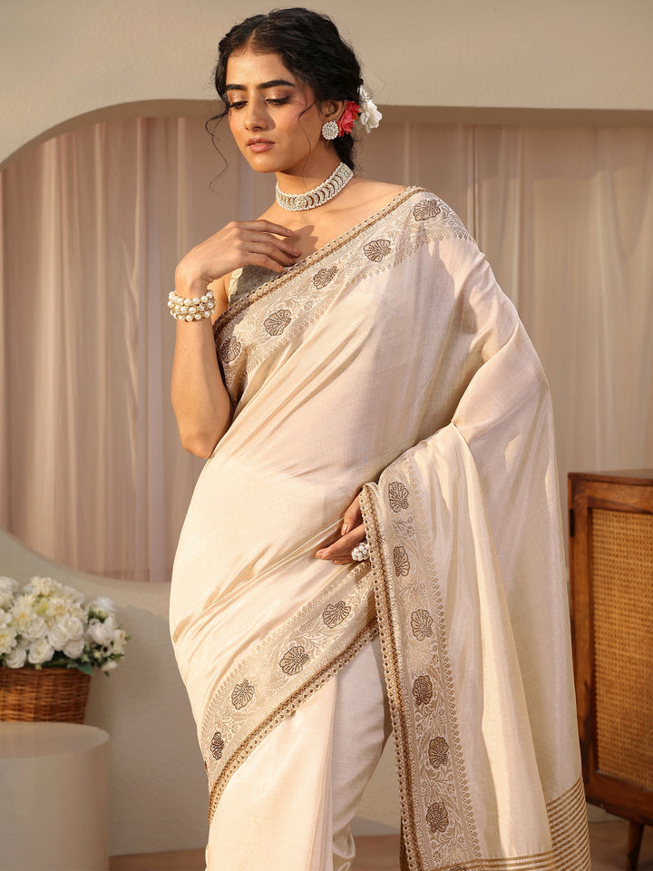 Ivory Solid Silk Blend Saree
