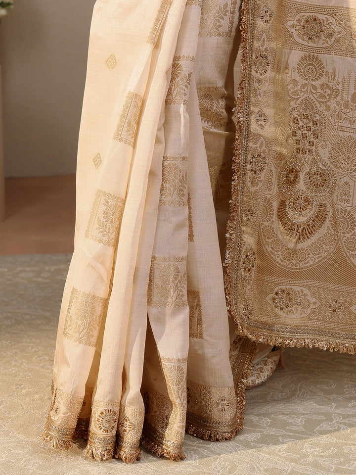 Ivory Floral Woven Design Silk Blend Saree