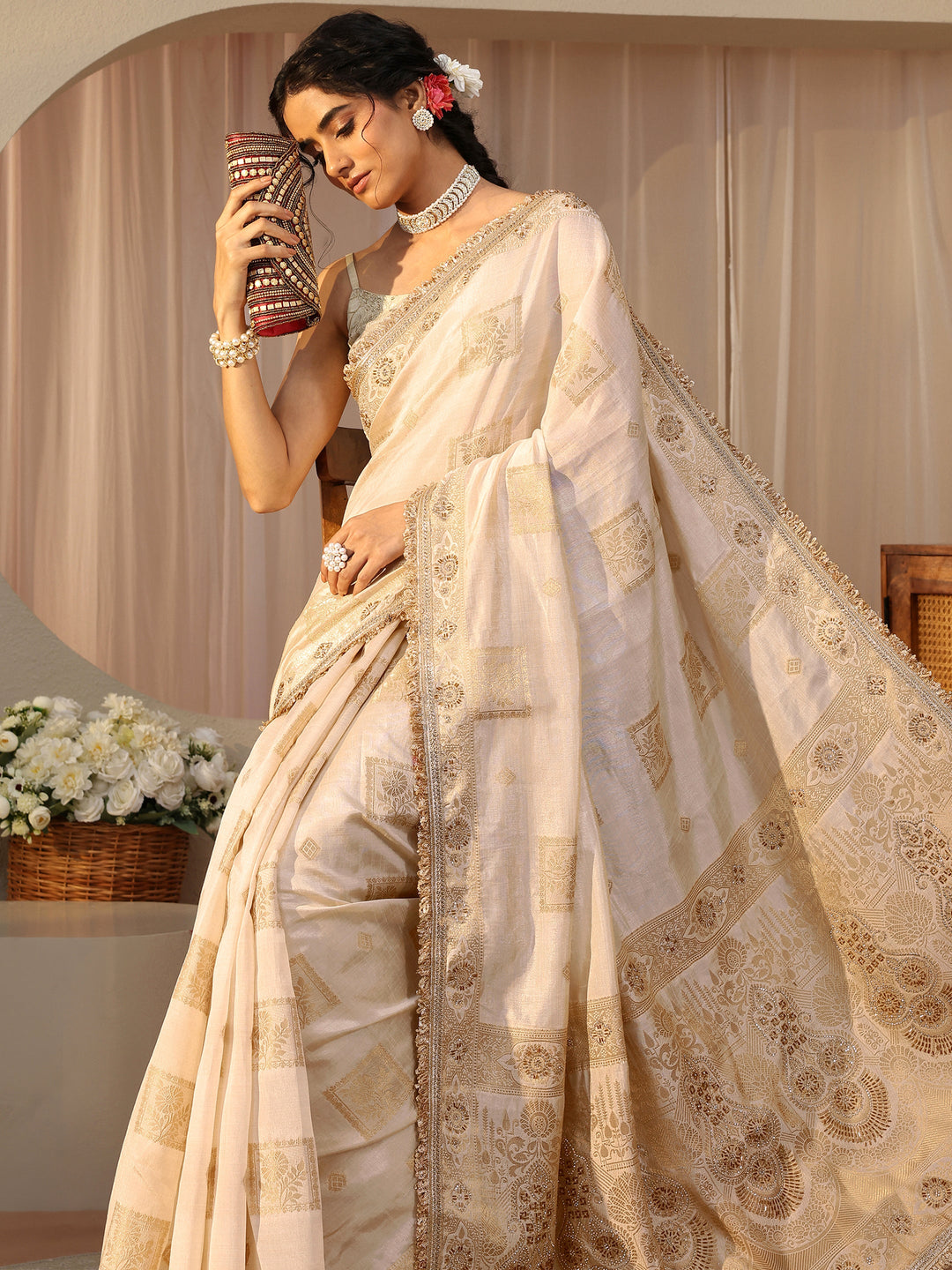 Ivory Floral Woven Design Silk Blend Saree