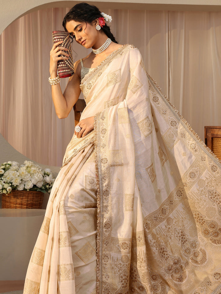Ivory Floral Woven Design Silk Blend Saree