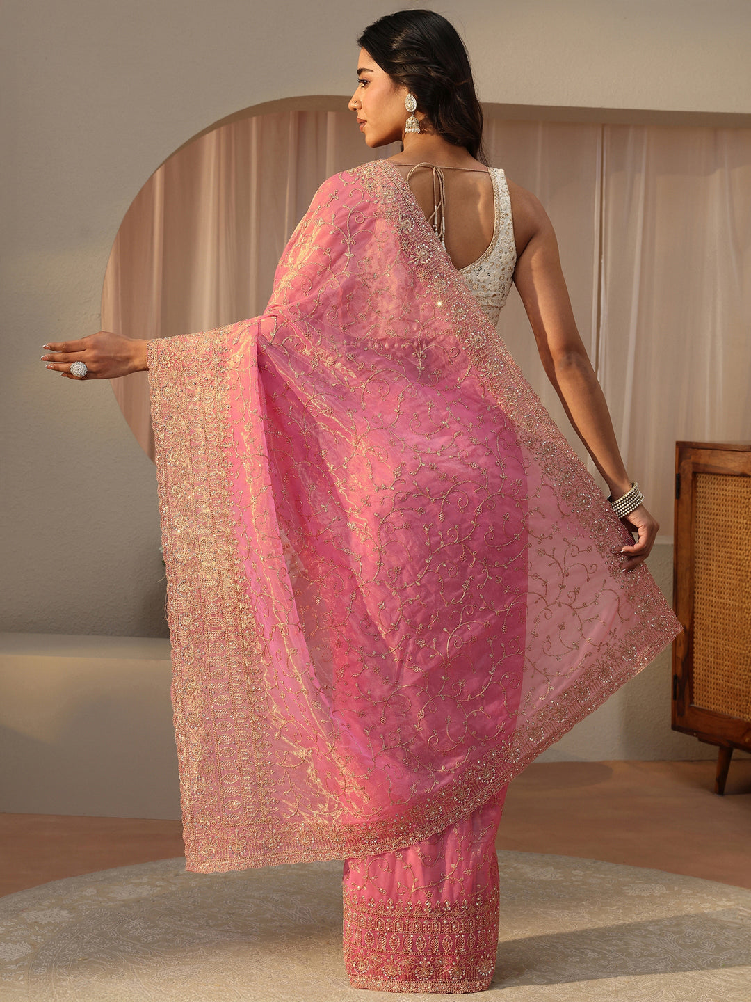 Pink Floral Embroidered Glossy Net Saree