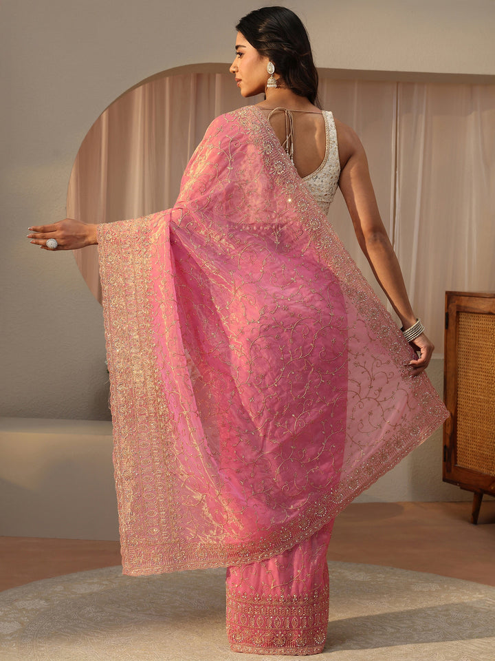Pink Floral Embroidered Glossy Net Saree