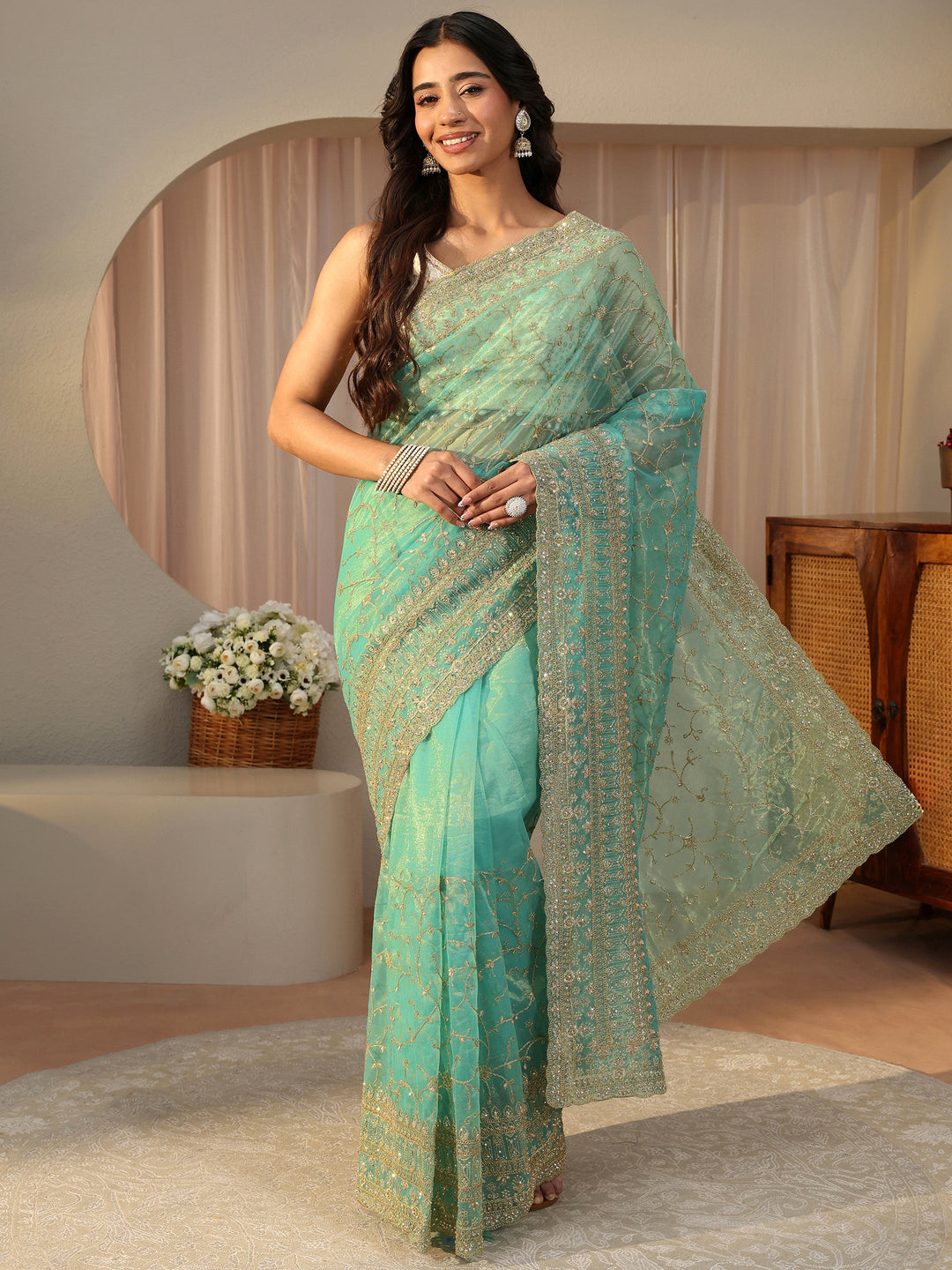 Green Floral Embroidered Glossy Net Saree