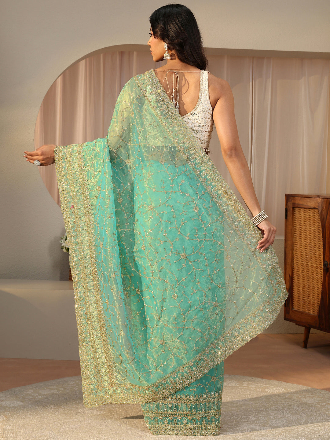 Green Floral Embroidered Glossy Net Saree