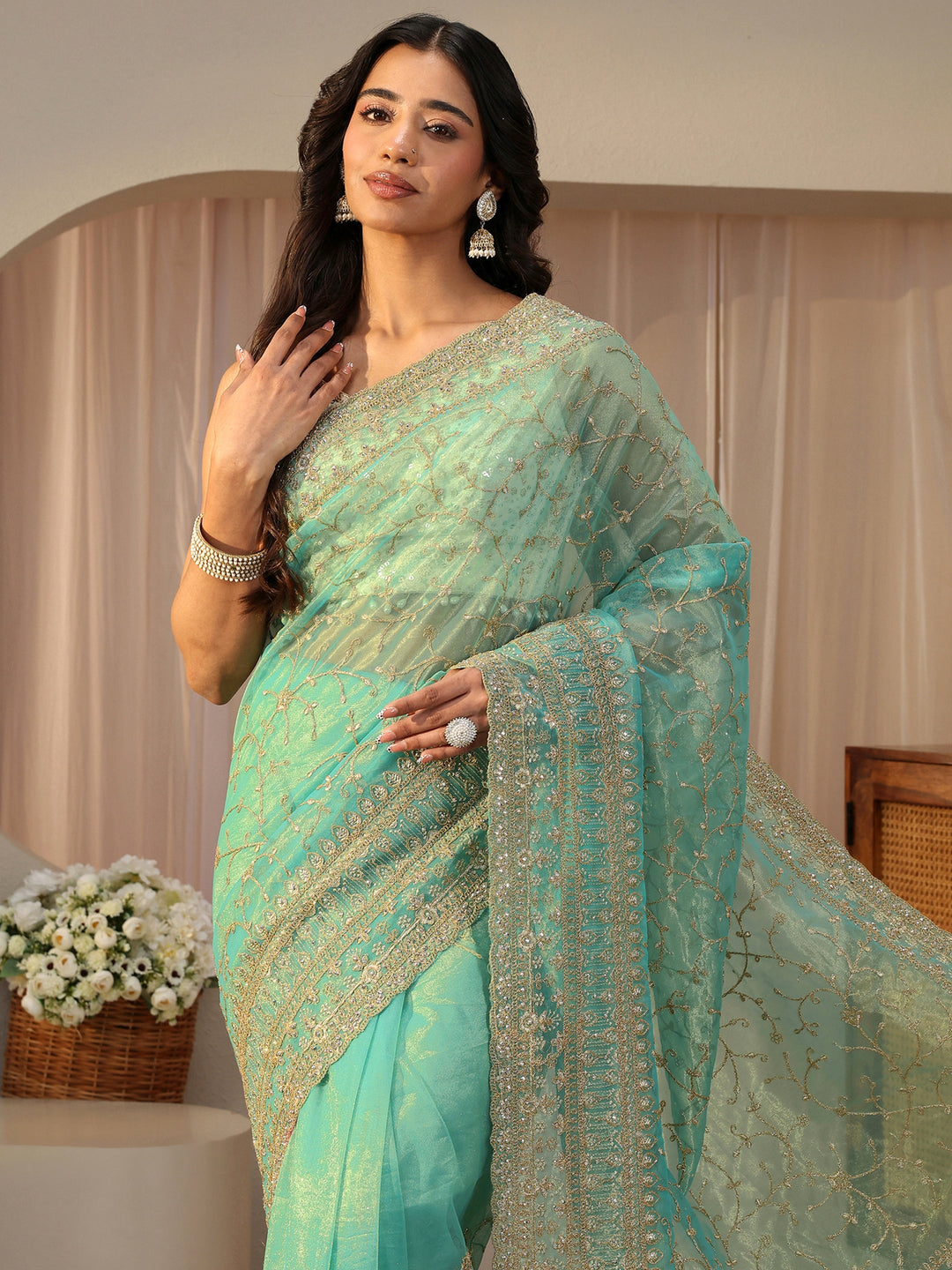 Green Floral Embroidered Glossy Net Saree
