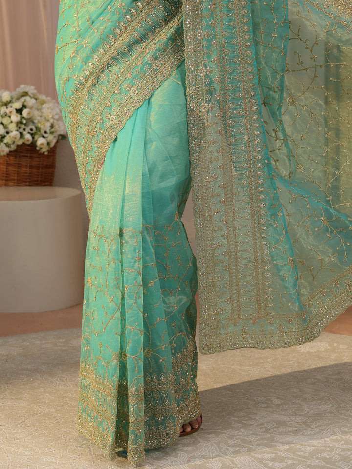 Green Floral Embroidered Glossy Net Saree