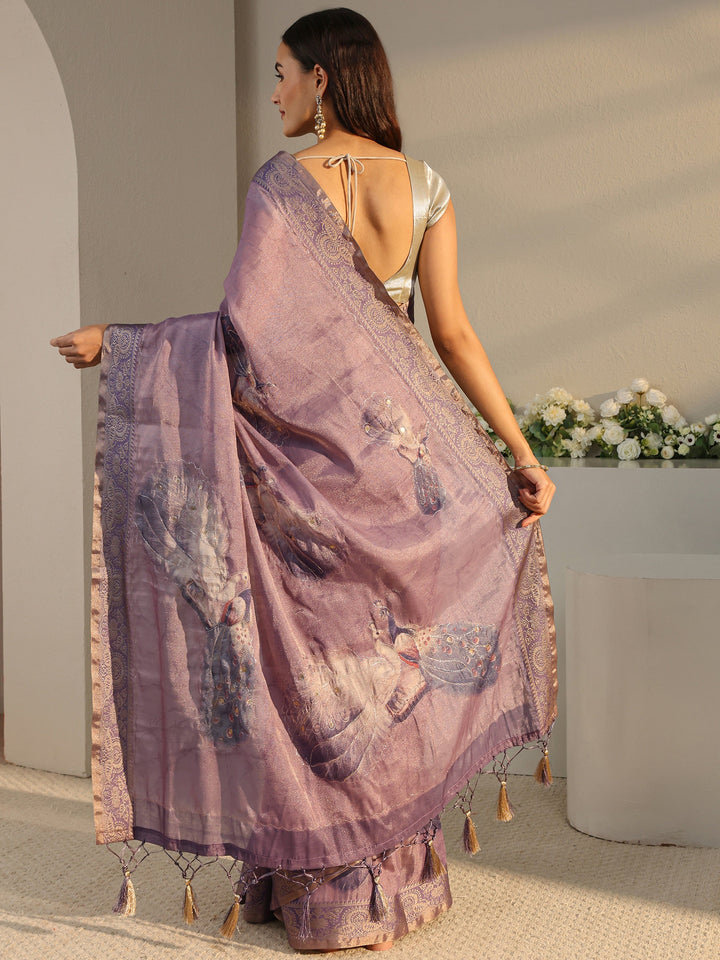 Purple Quirky Printed Silk Blend Saree With Unstitched Blouse Piece