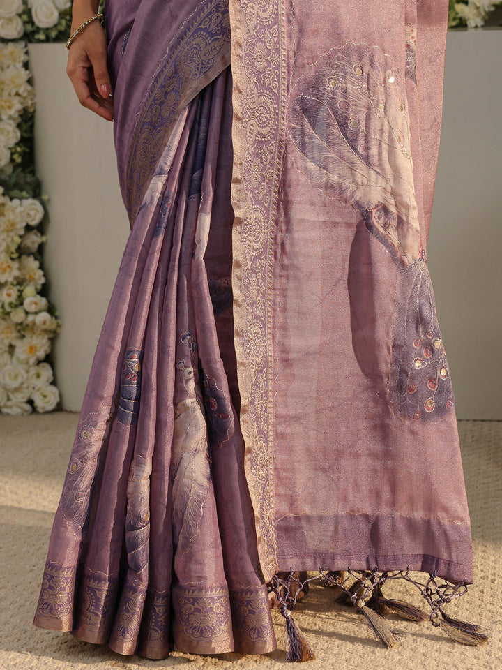 Purple Quirky Printed Silk Blend Saree With Unstitched Blouse Piece
