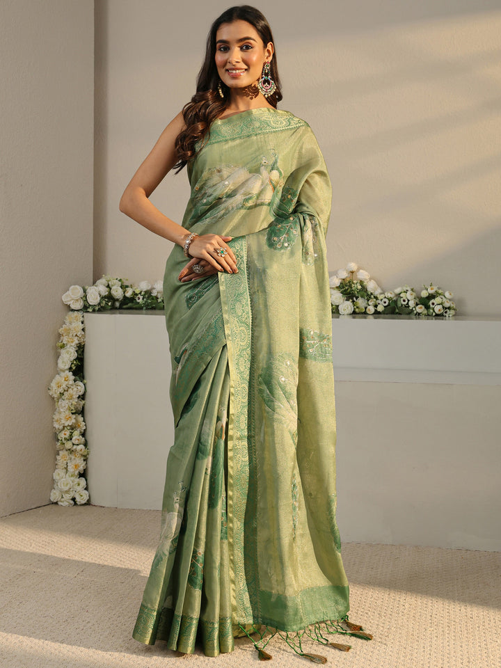 Green Quirky Printed Silk Blend Saree With Unstitched Blouse Piece