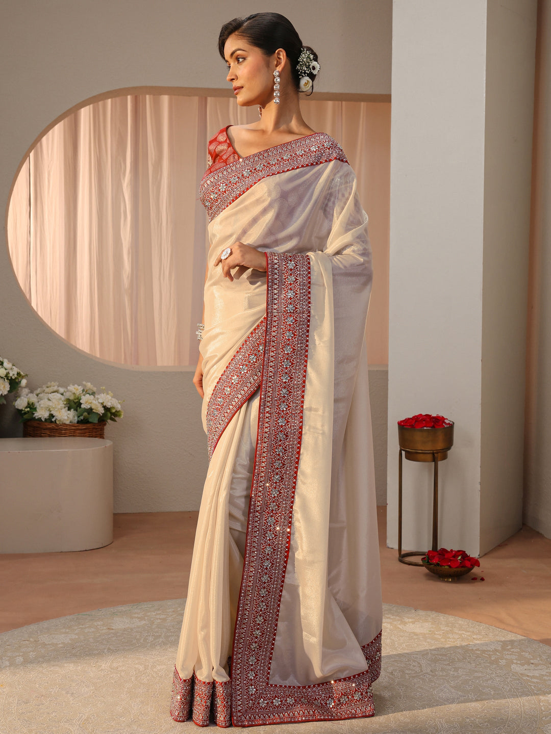 Ivory Satin Saree With Floral Border