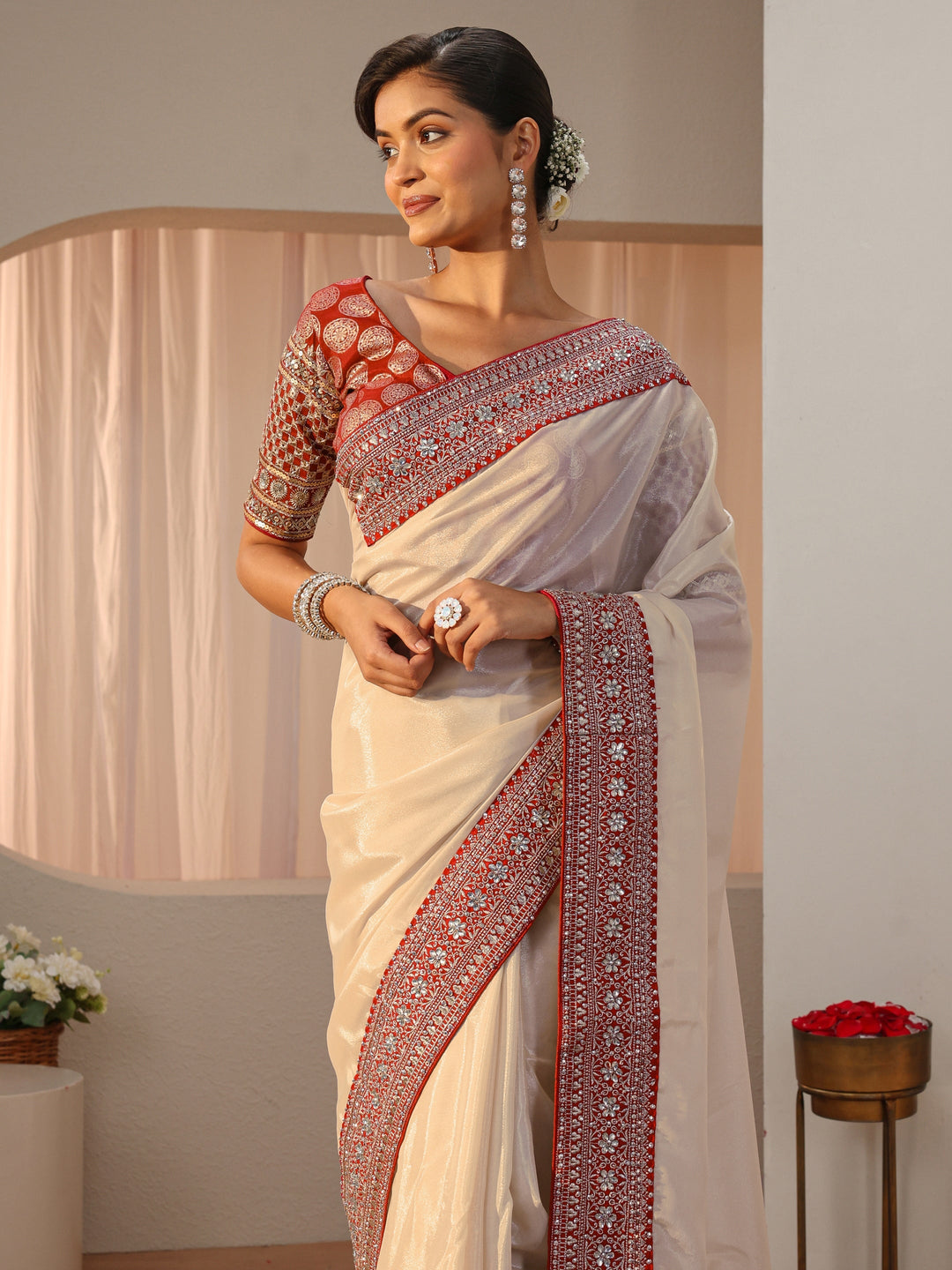 Ivory Satin Saree With Floral Border