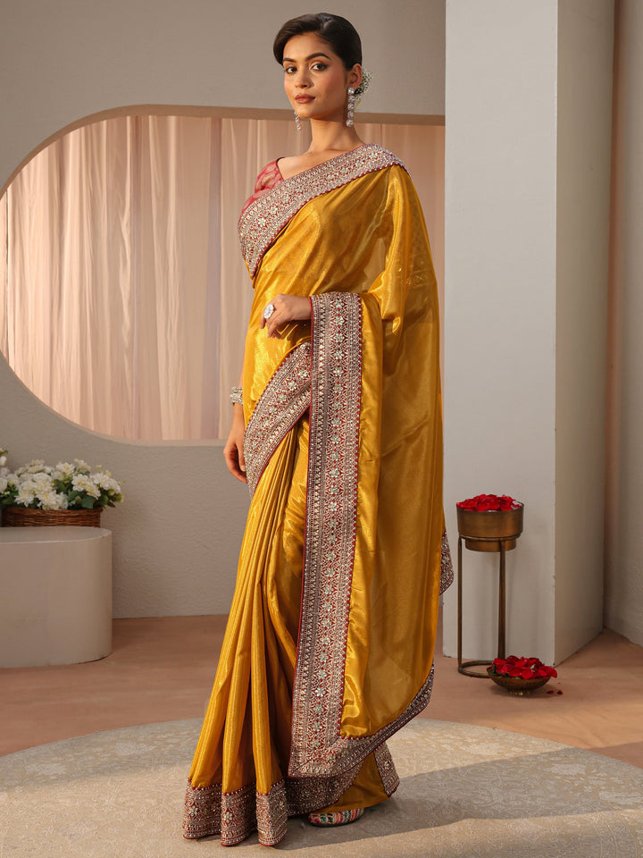 Mustard Satin Saree With Floral Border