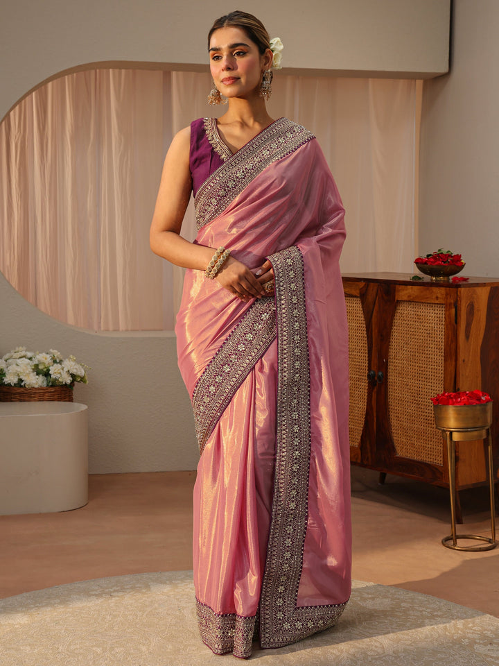 Peach Satin Saree With Floral Border