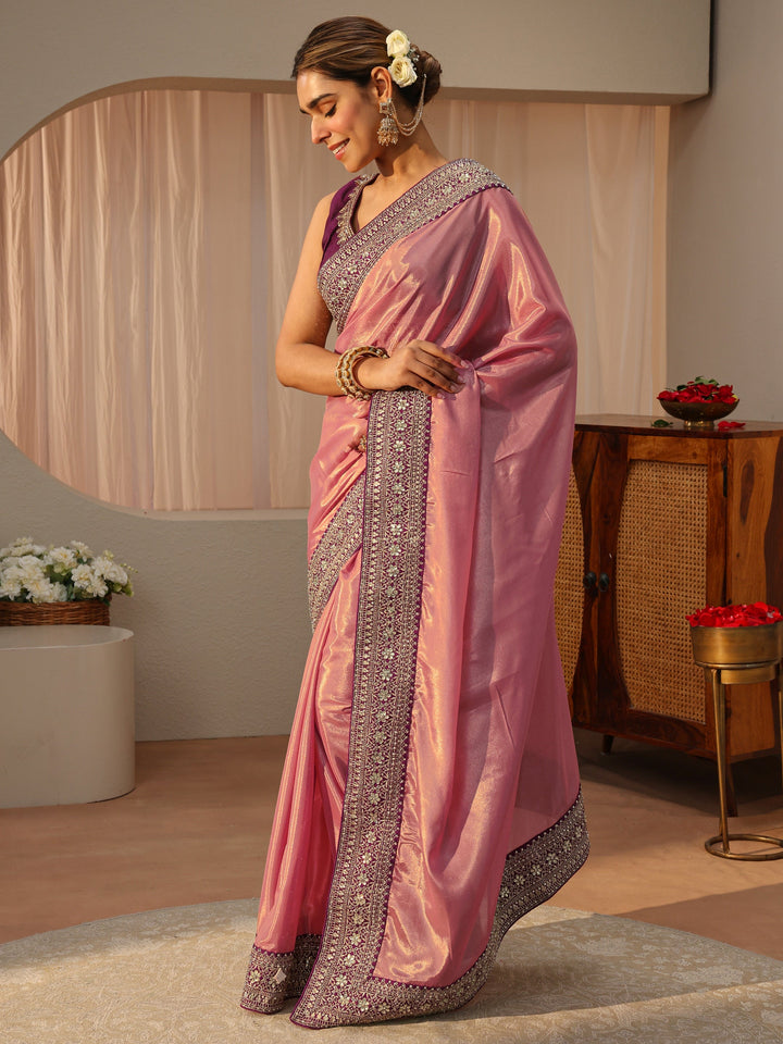 Peach Satin Saree With Floral Border