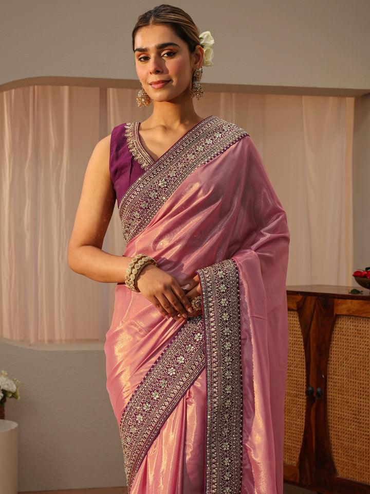 Peach Satin Saree With Floral Border