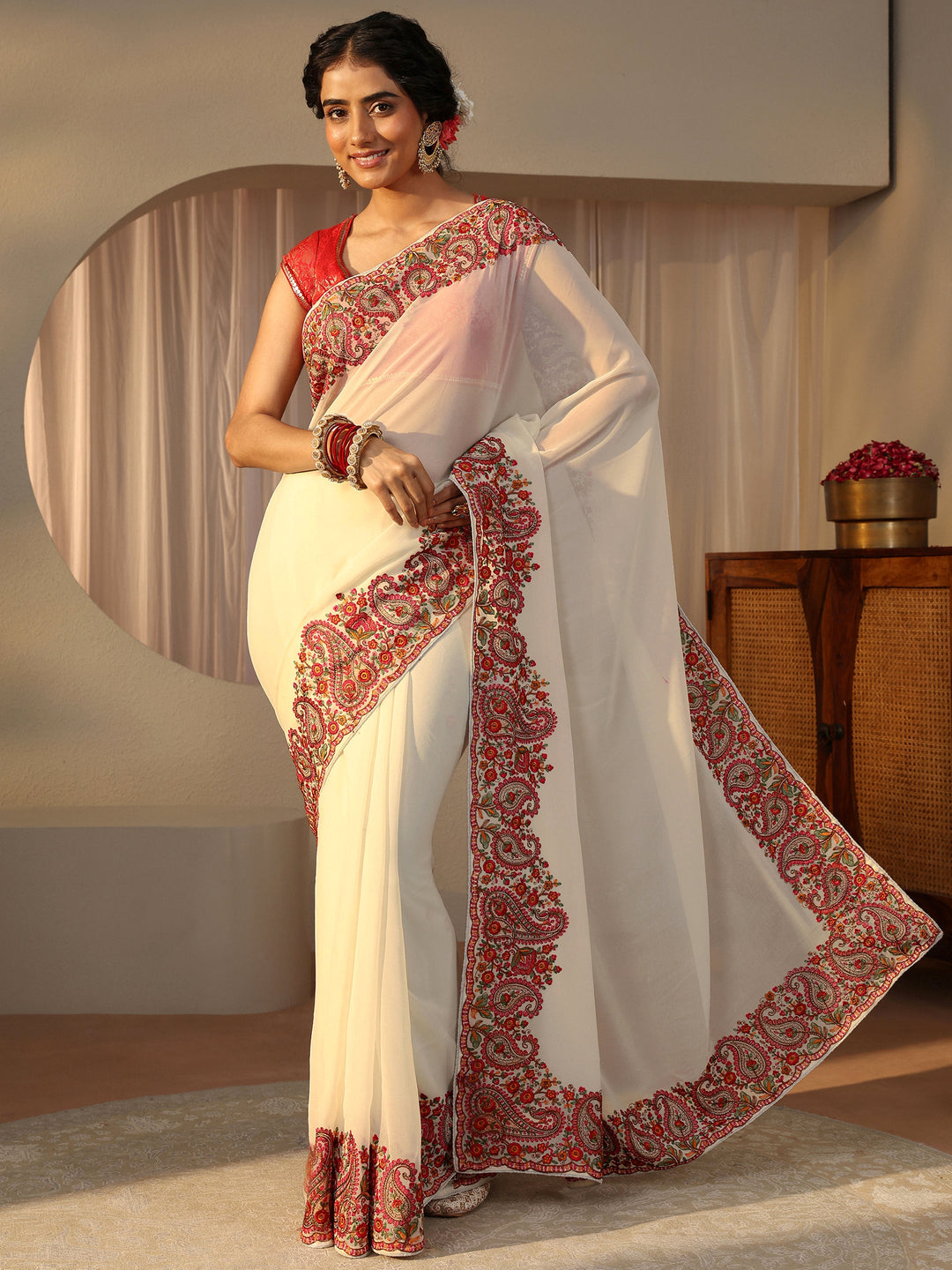 Ivory Floral Embroidered Border Georgette Saree