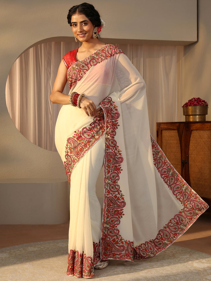 Ivory Floral Embroidered Border Georgette Saree
