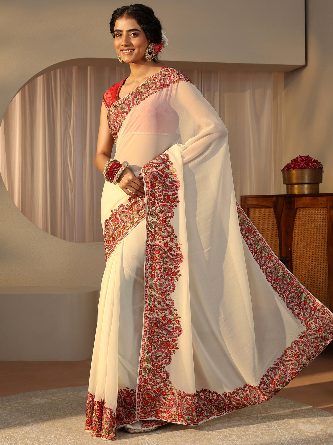 Ivory Floral Embroidered Border Georgette Saree