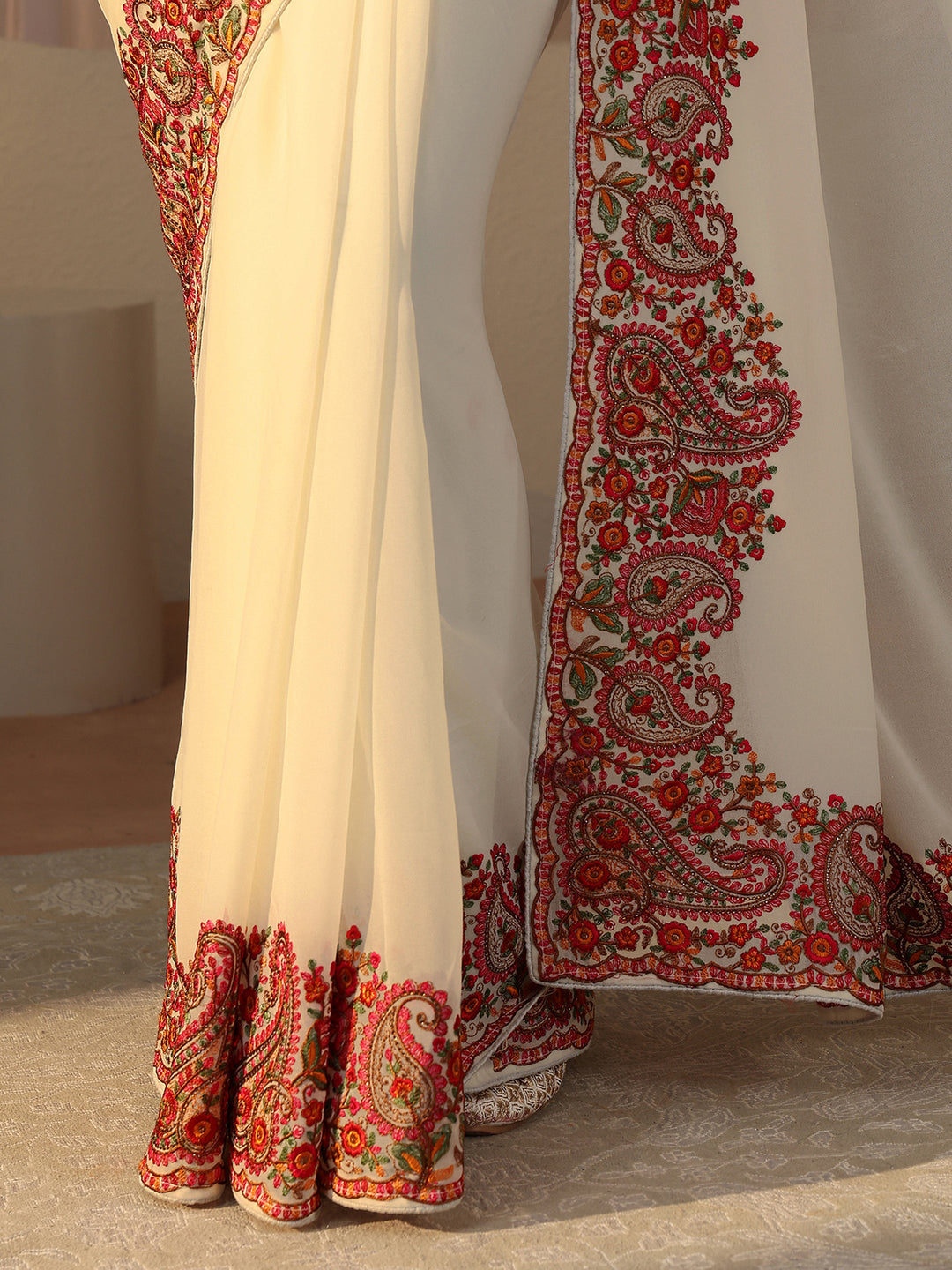 Ivory Floral Embroidered Border Georgette Saree