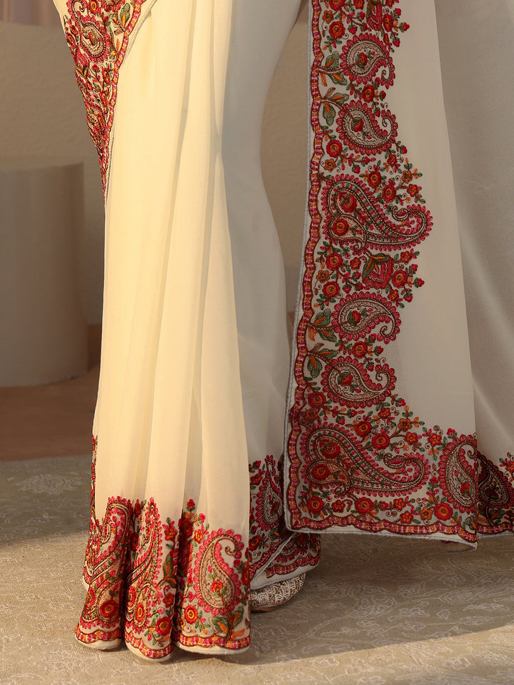 Ivory Floral Embroidered Border Georgette Saree