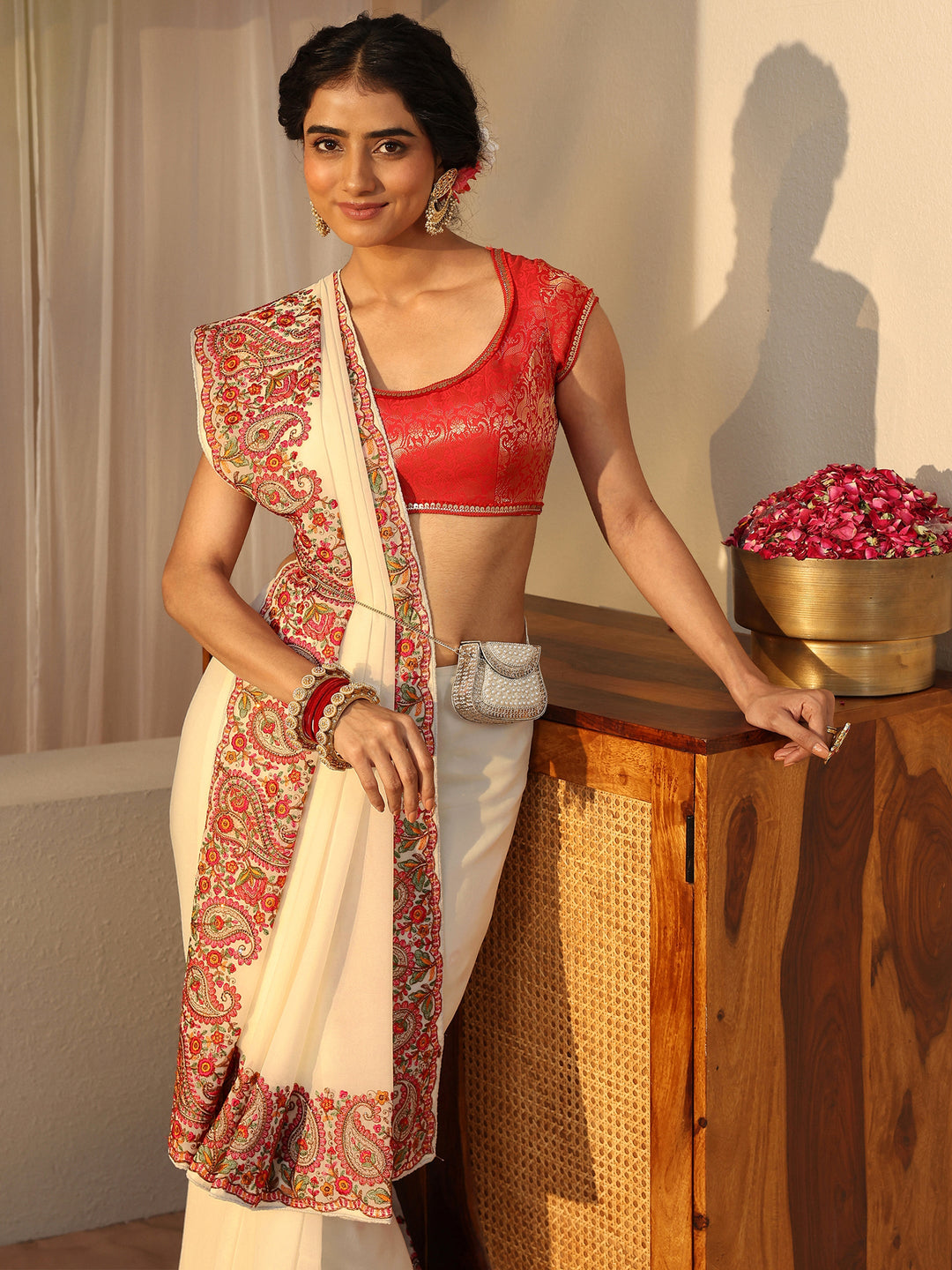 Ivory Floral Embroidered Border Georgette Saree