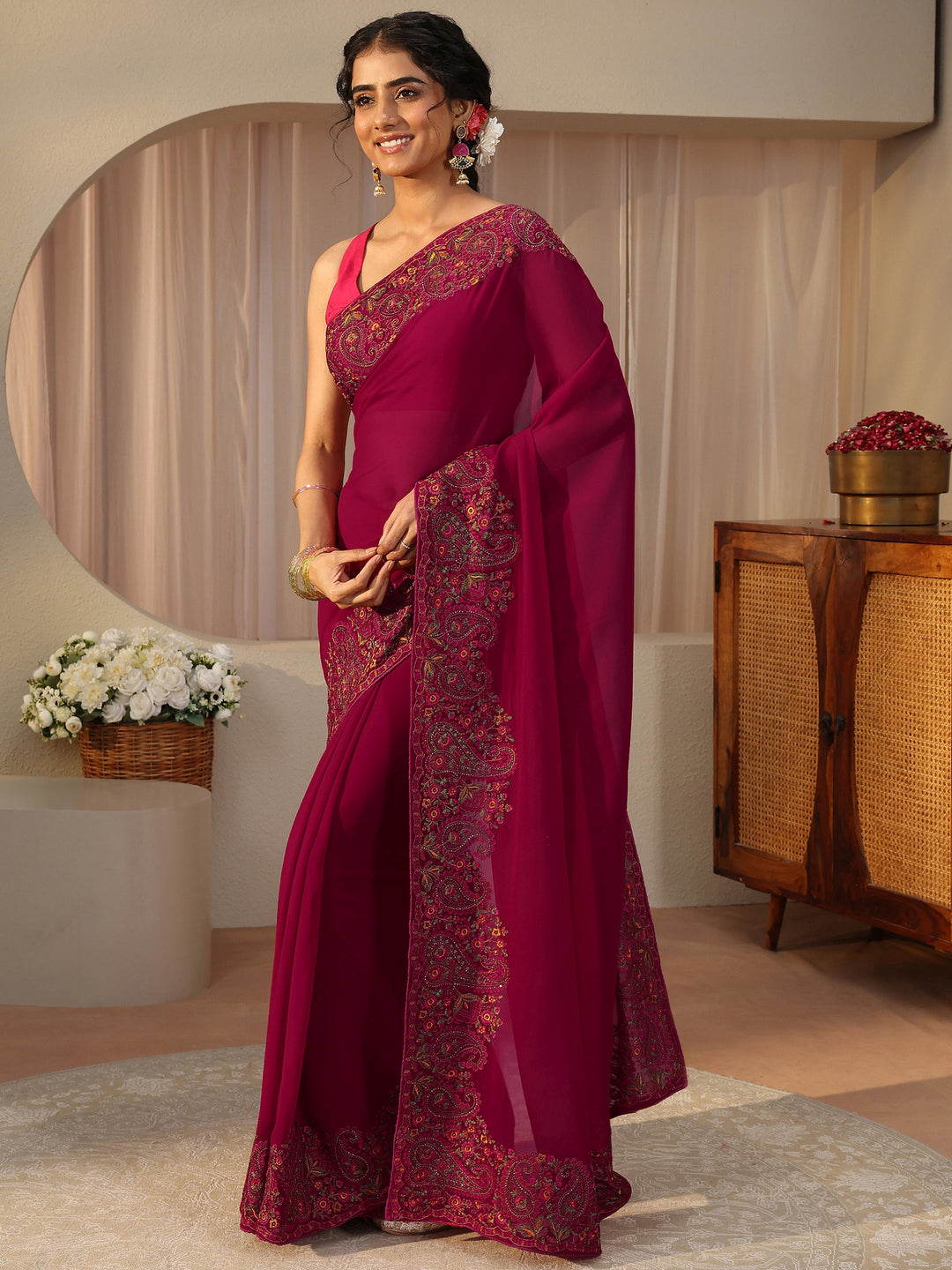 Rani Pink Floral Embroidered Border Georgette Saree