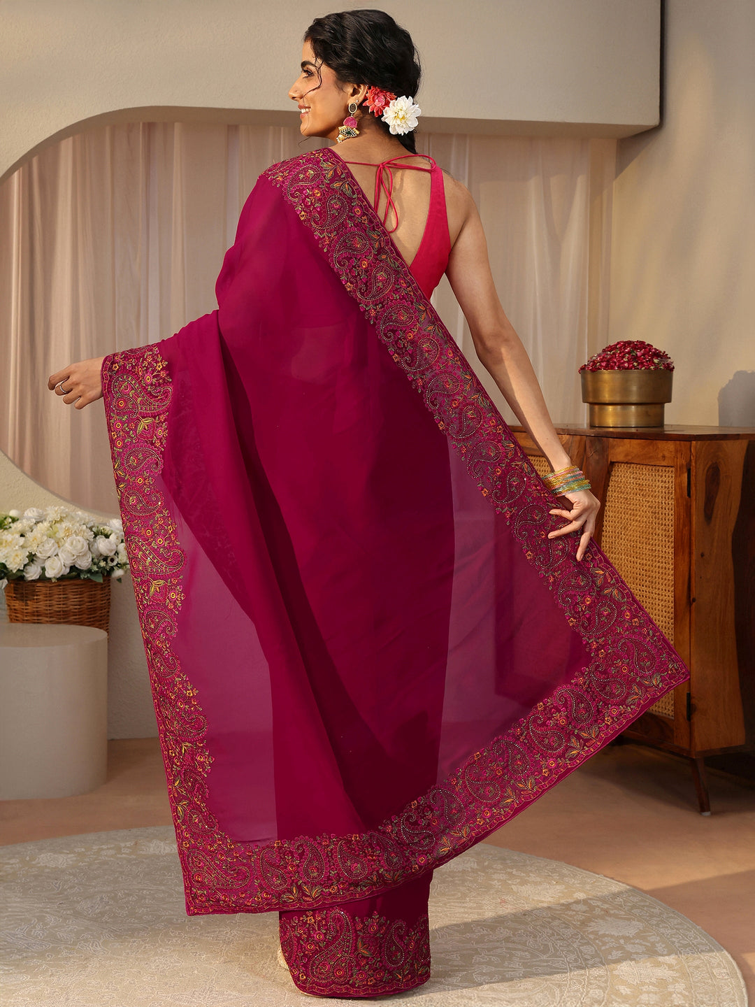 Rani Pink Floral Embroidered Border Georgette Saree