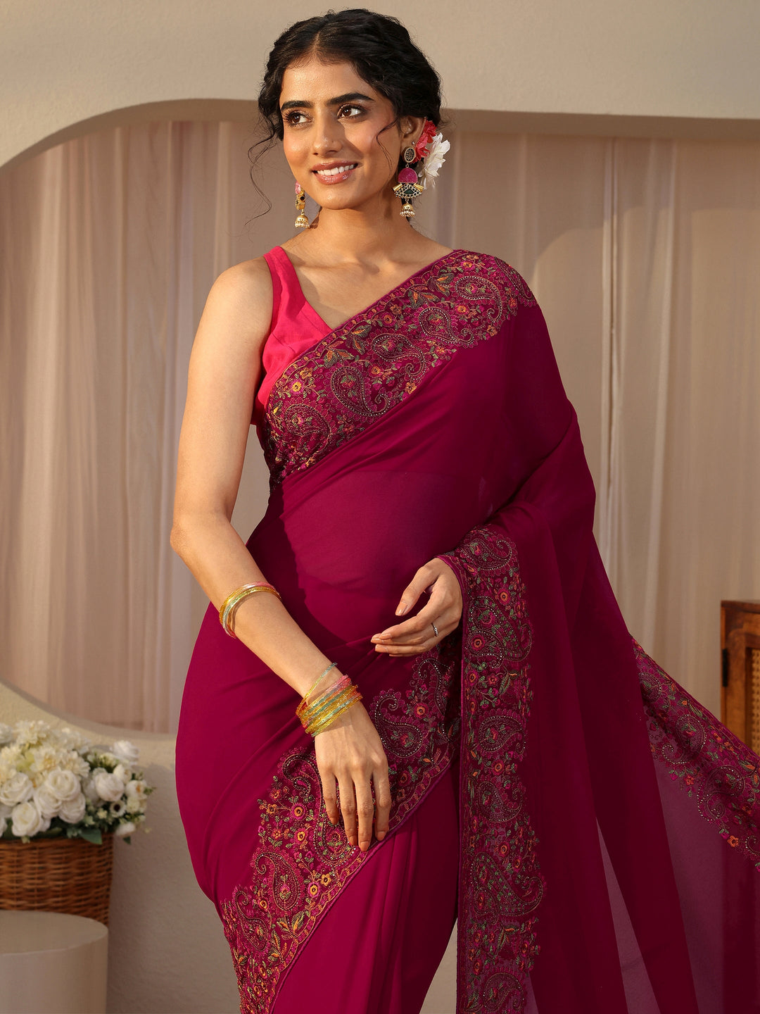 Rani Pink Floral Embroidered Border Georgette Saree