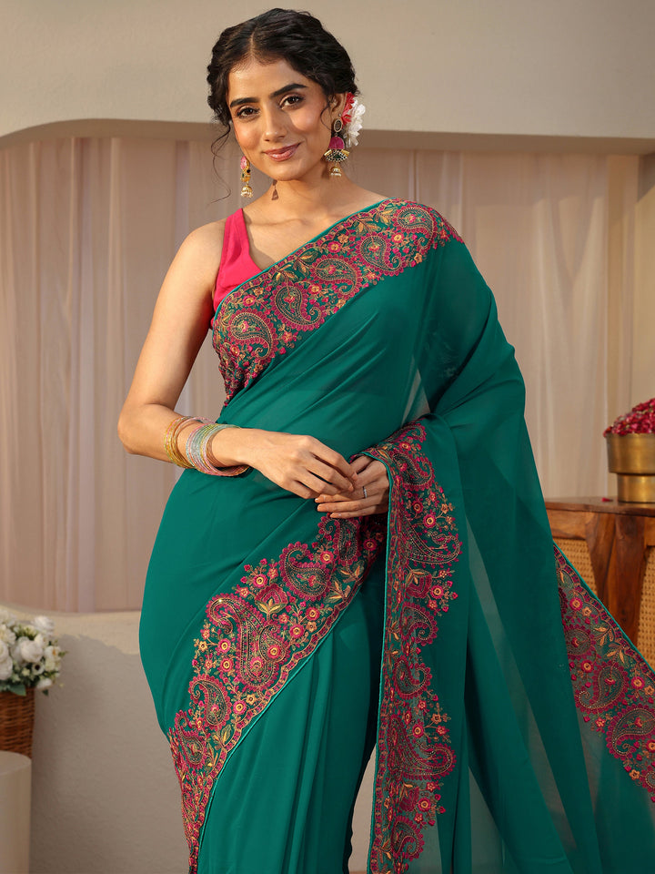 Green Floral Embroidered Border Georgette Saree