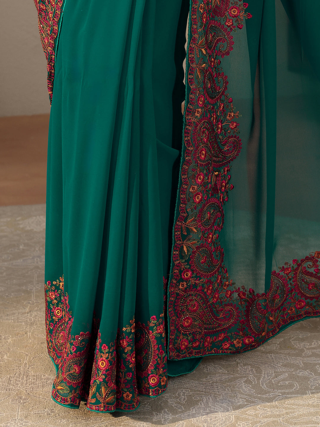 Green Floral Embroidered Border Georgette Saree