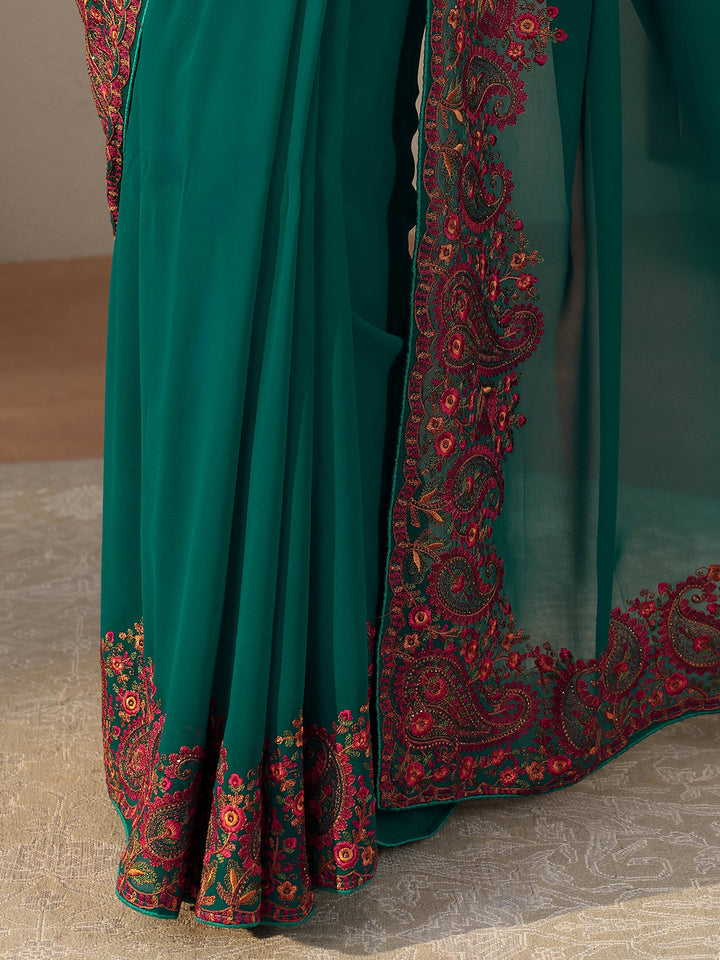 Green Floral Embroidered Border Georgette Saree