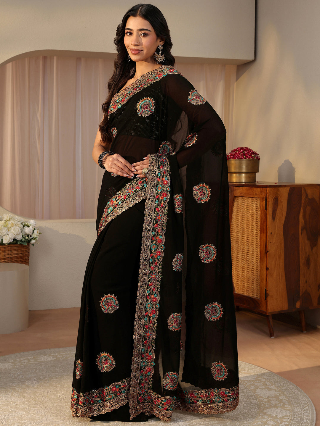 Black Floral Embroidered Georgette Saree