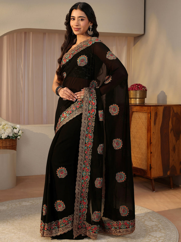 Black Floral Embroidered Georgette Saree