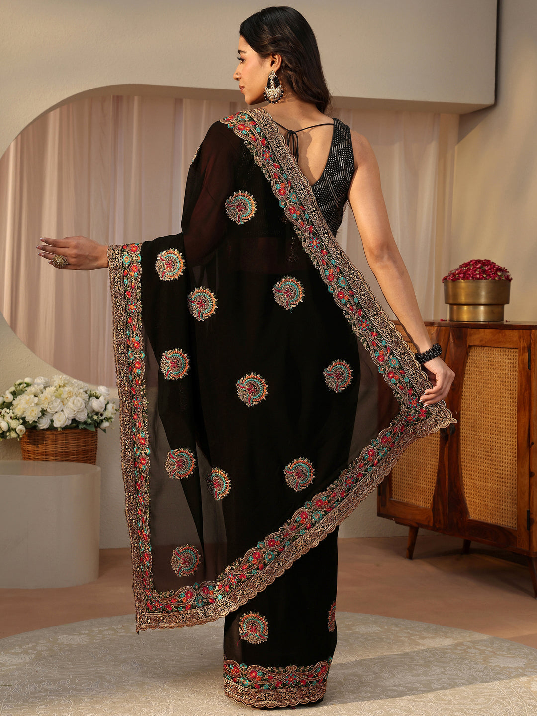 Black Floral Embroidered Georgette Saree