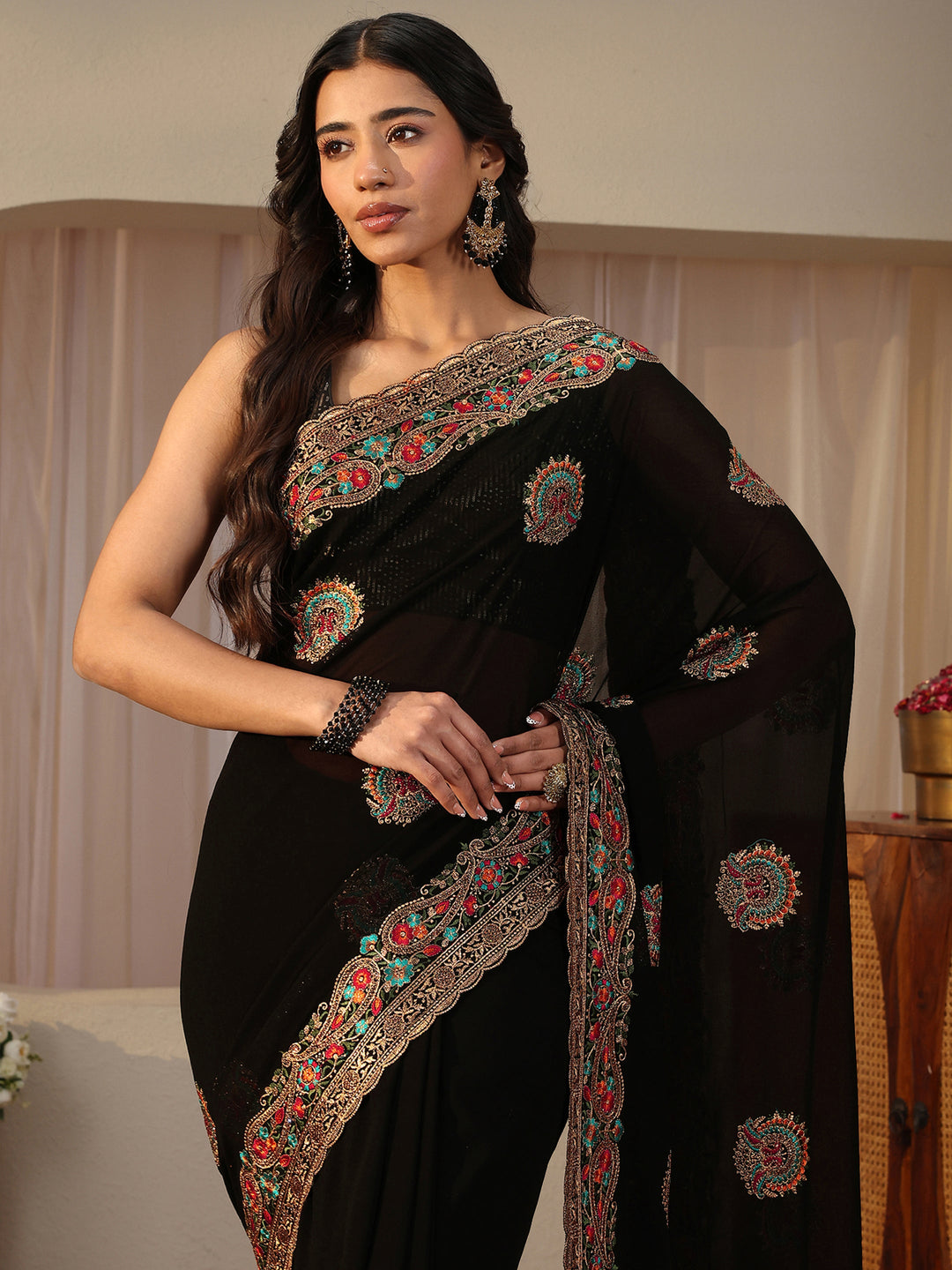 Black Floral Embroidered Georgette Saree