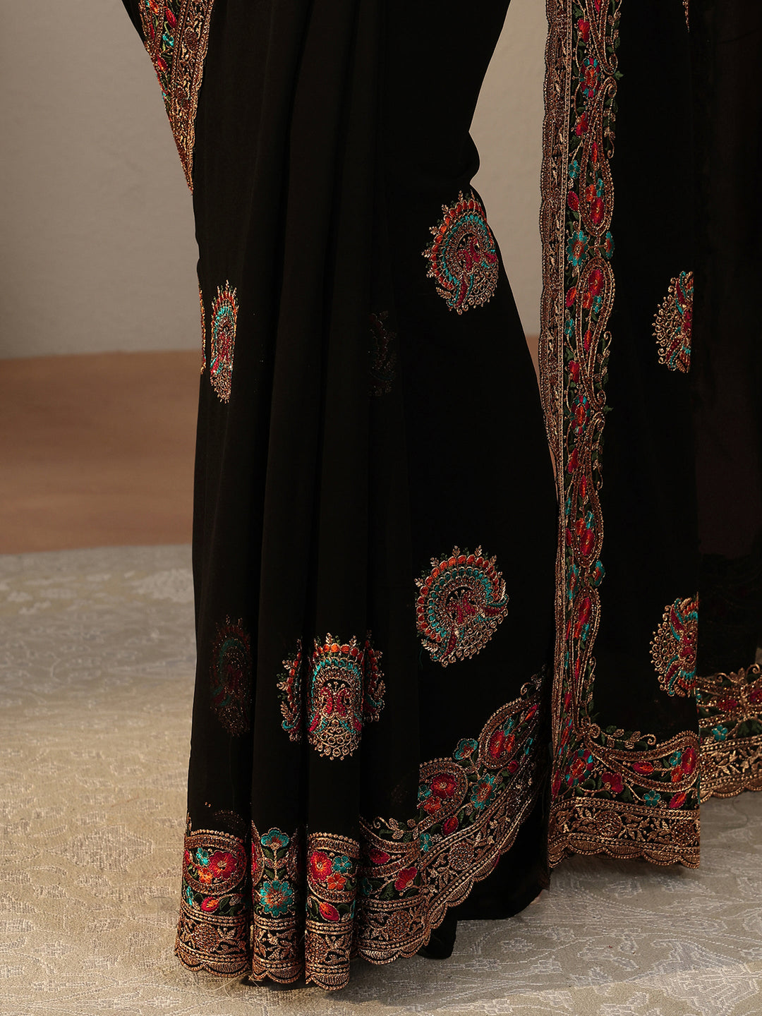 Black Floral Embroidered Georgette Saree
