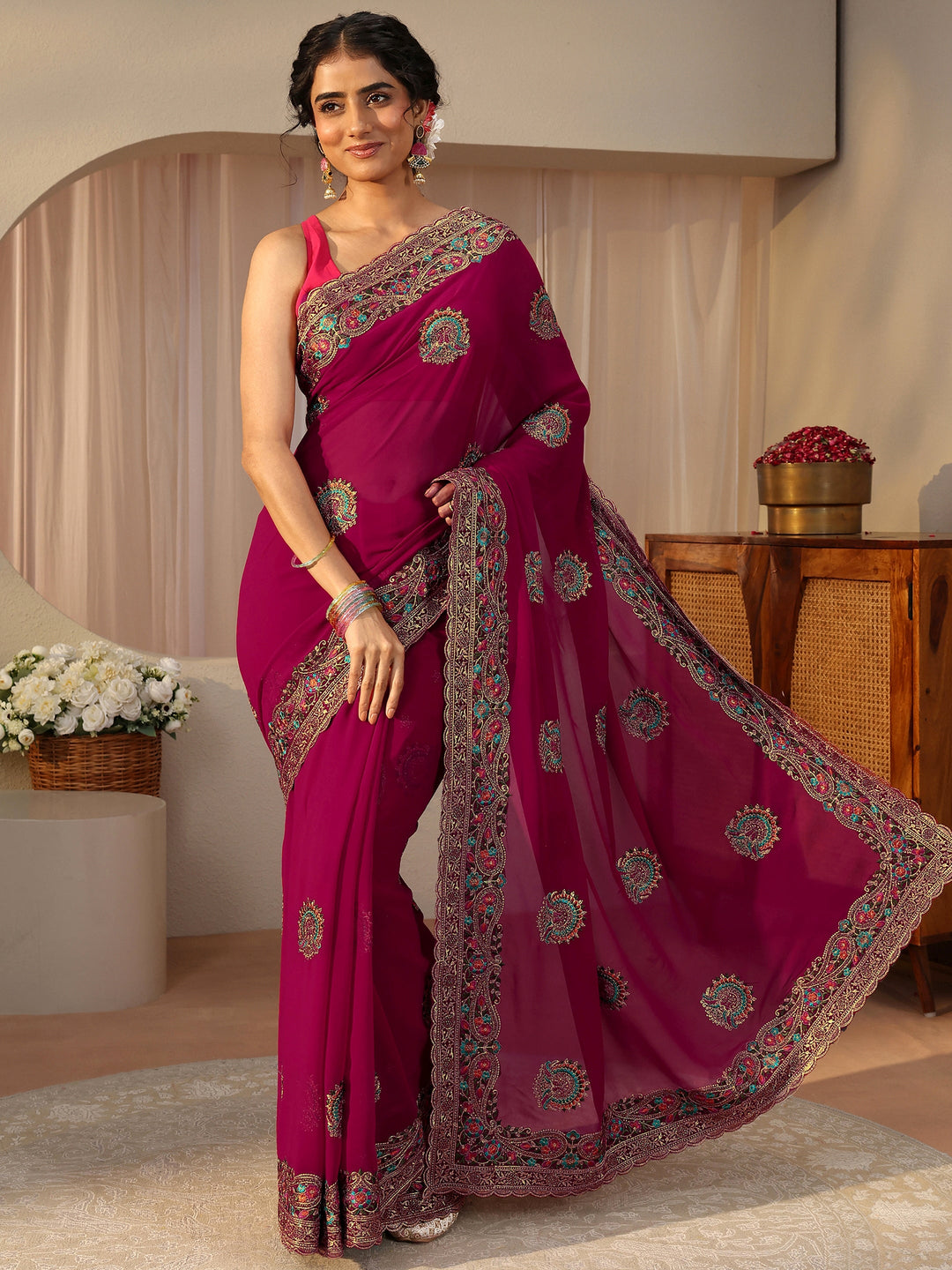 Pink Floral Embroidered Georgette Saree
