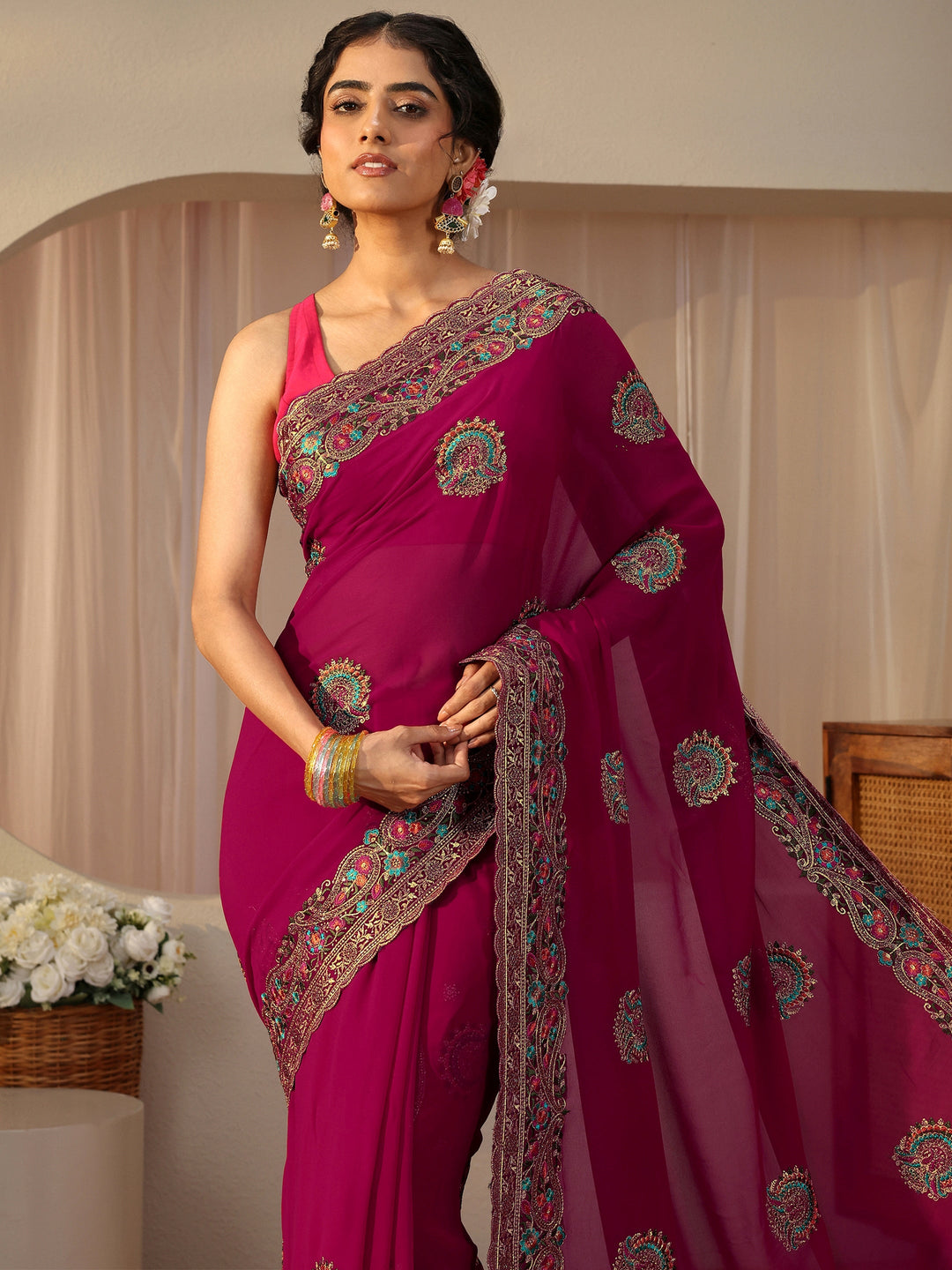 Pink Floral Embroidered Georgette Saree