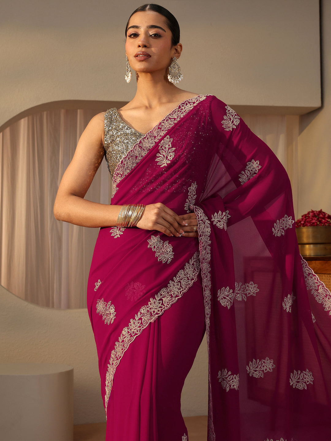 Pink Floral Embroidered Georgette Saree