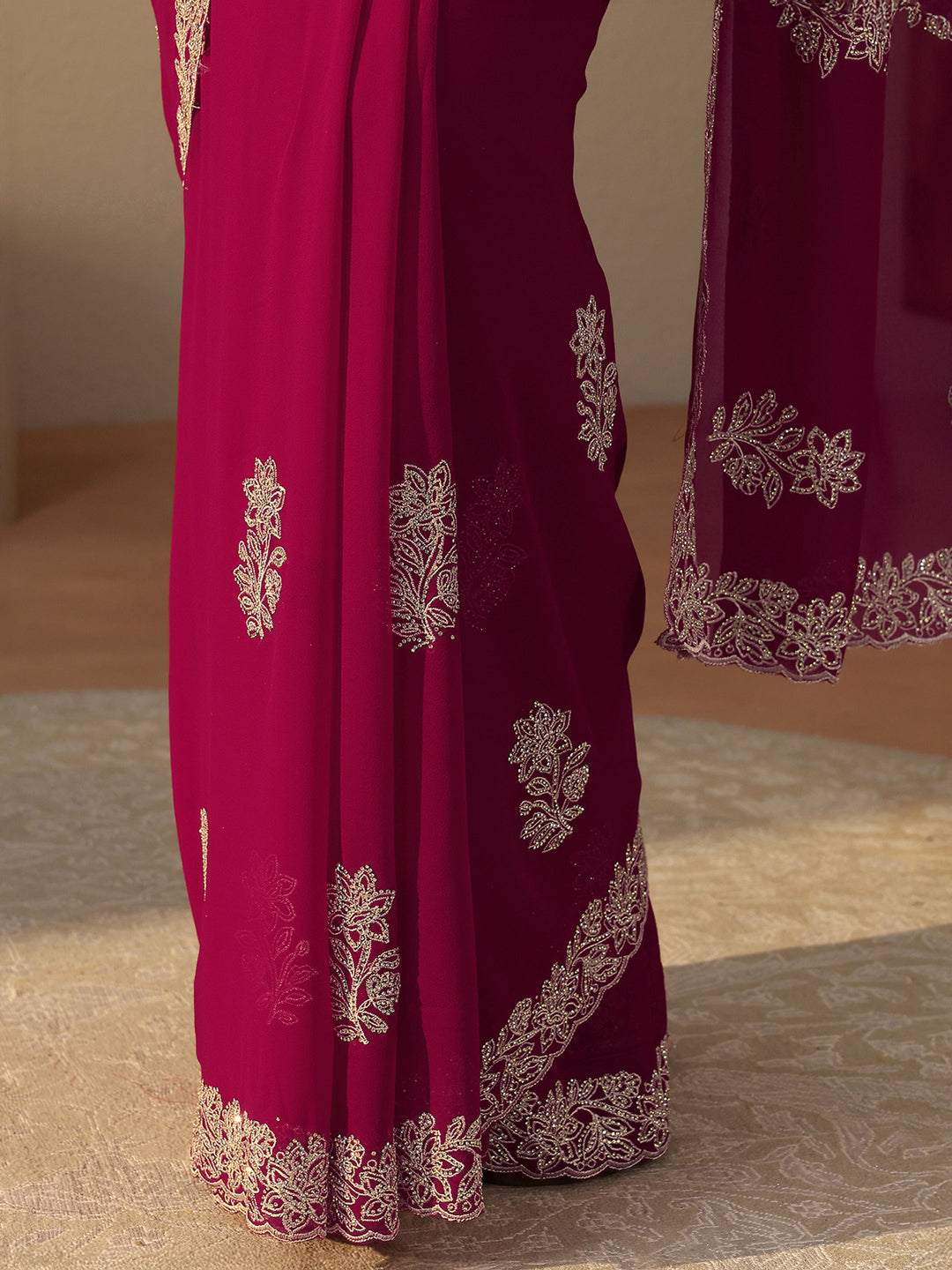 Pink Floral Embroidered Georgette Saree