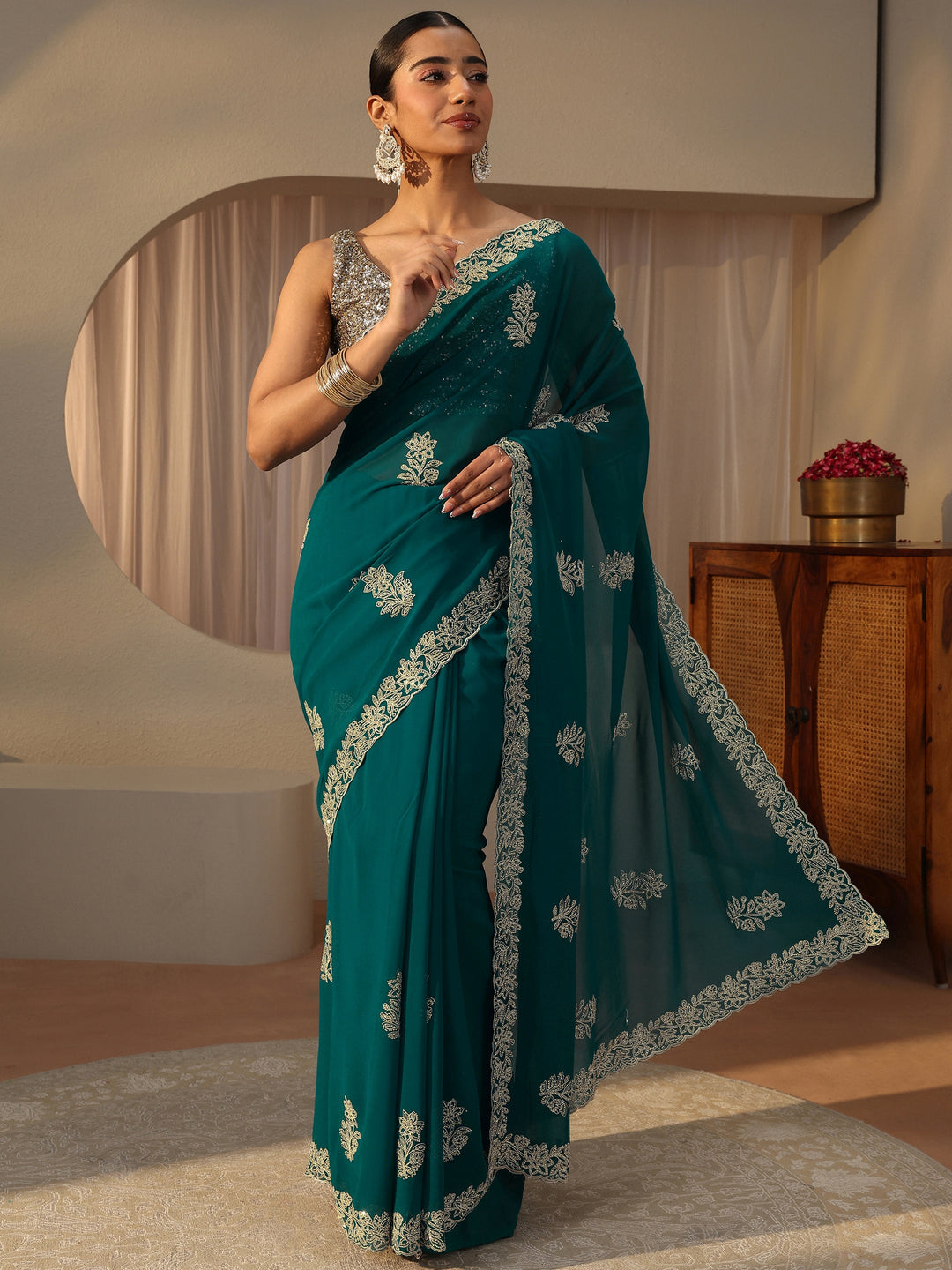Blue Floral Embroidered Georgette Saree