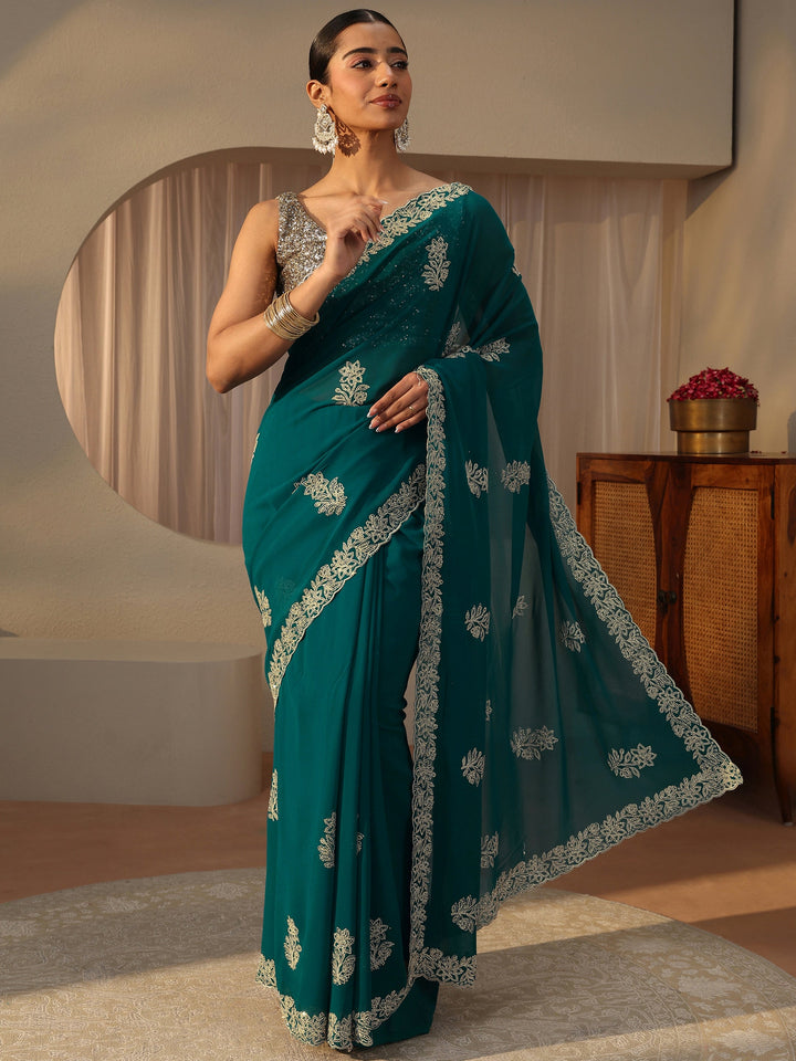 Blue Floral Embroidered Georgette Saree