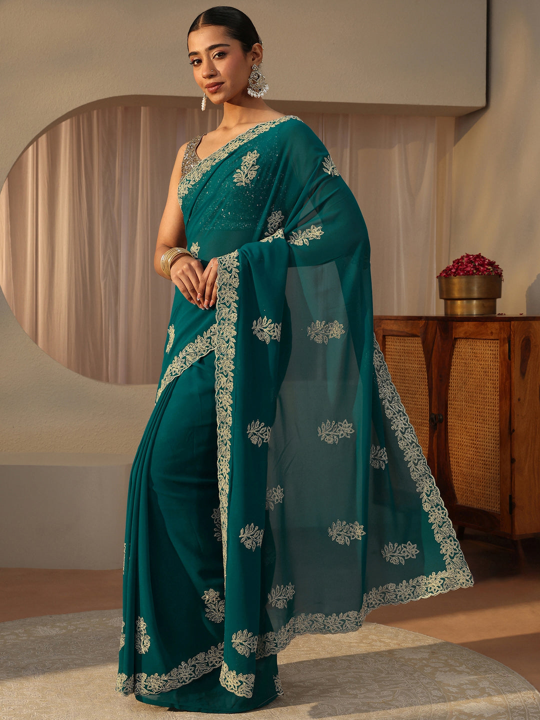 Blue Floral Embroidered Georgette Saree