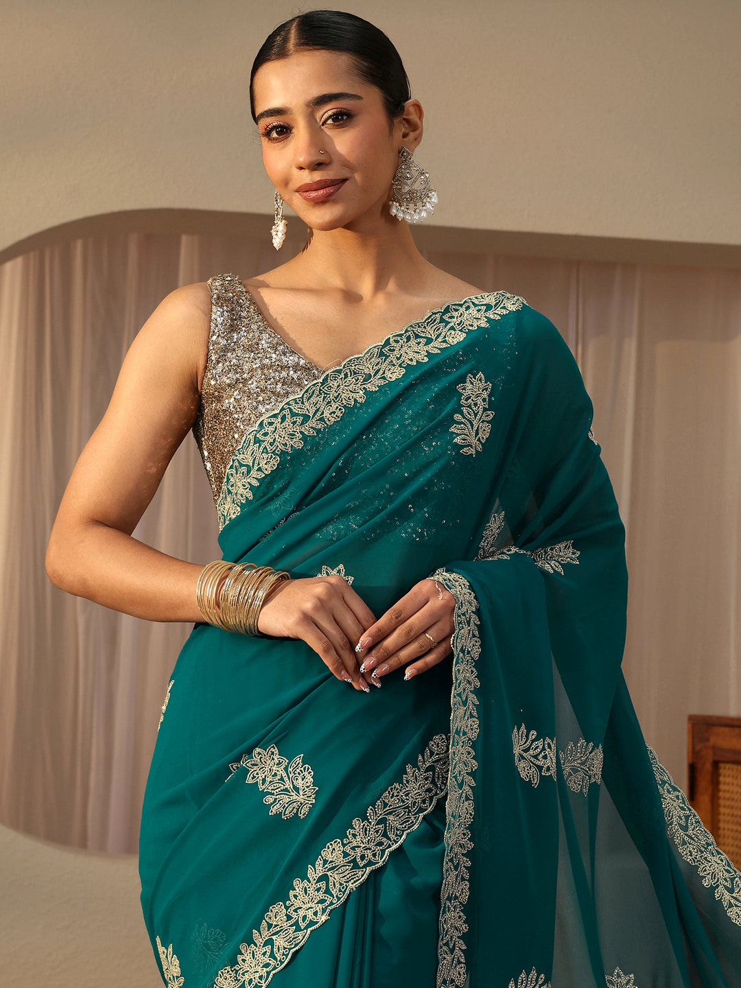 Blue Floral Embroidered Georgette Saree