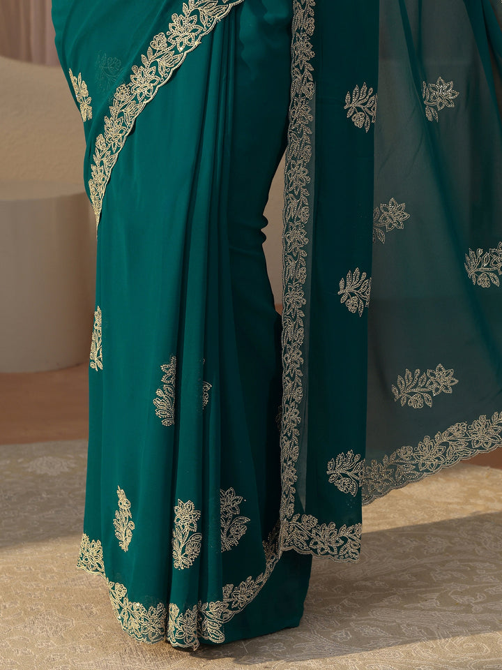 Blue Floral Embroidered Georgette Saree