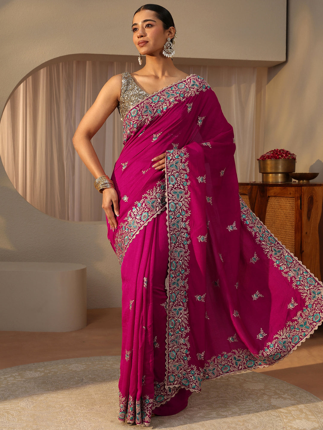 Pink Floral Embroidered Silk Blend Saree