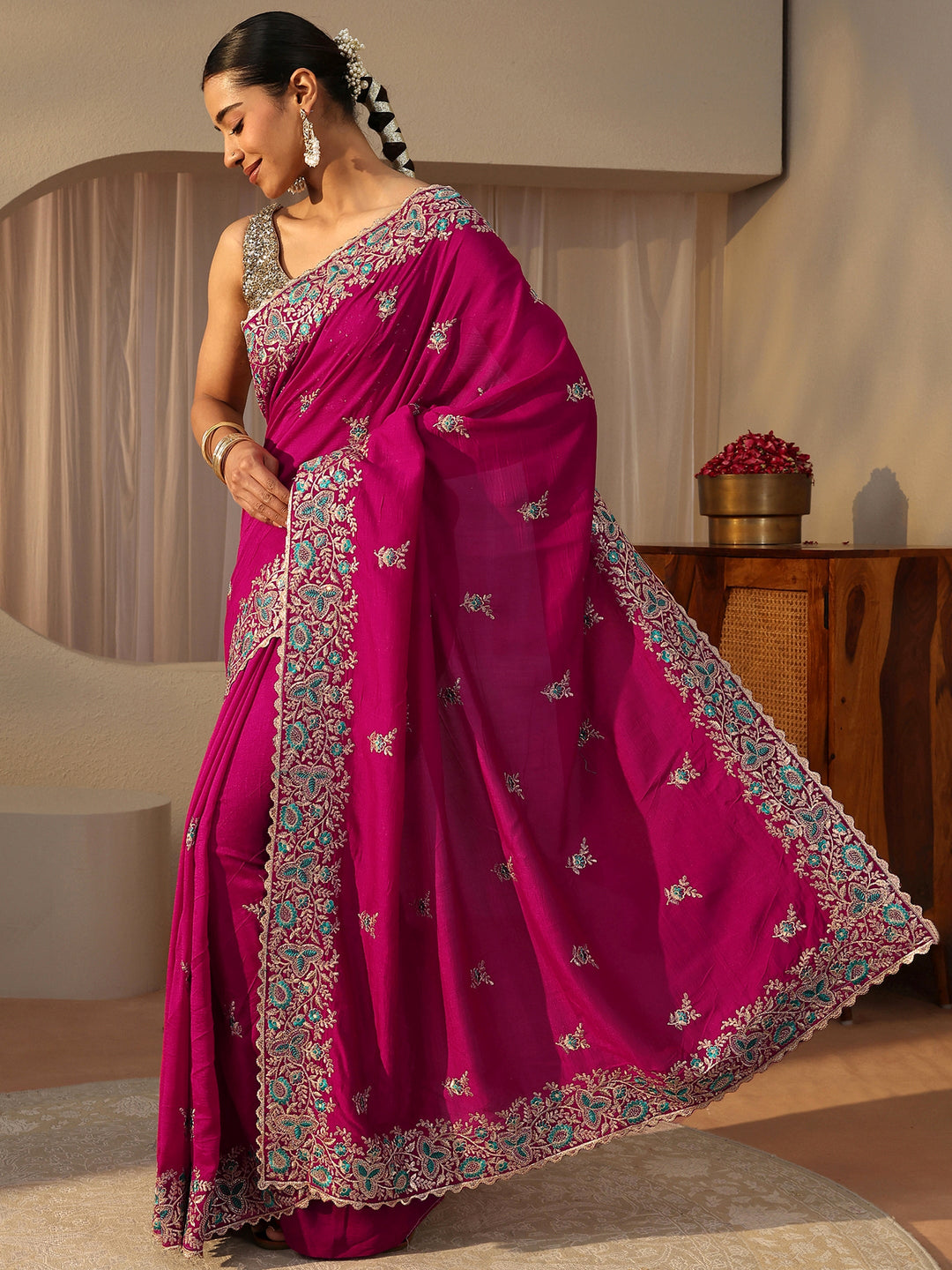 Pink Floral Embroidered Silk Blend Saree