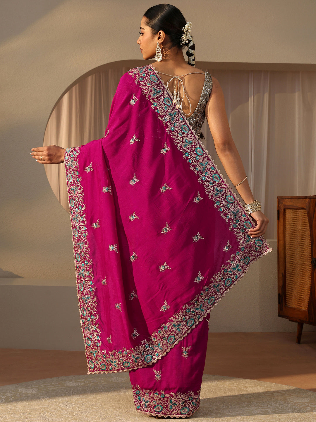 Pink Floral Embroidered Silk Blend Saree
