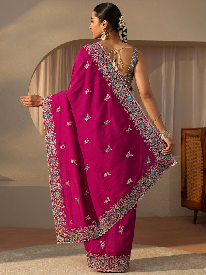 Pink Floral Embroidered Silk Blend Saree